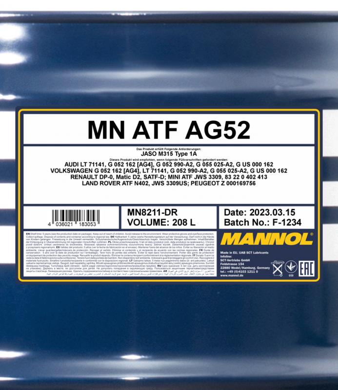 8211 MANNOL ATF AG52 208 л. Синтетическая трансмиссионная жидкость