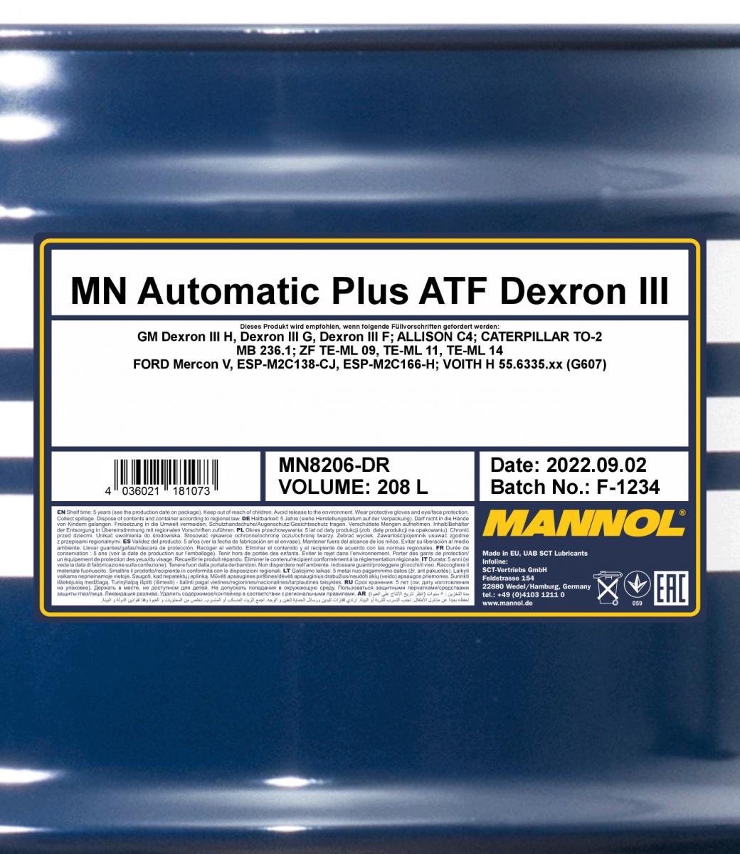 8206 MANNOL DEXRON III AUTOMATIC PLUS 208 л. Синтетическое трансмиссионное масло 8206 MANNOL DEXRON III AUTOMATIC PLUS 208 л. Синтетическое трансмиссионное масло