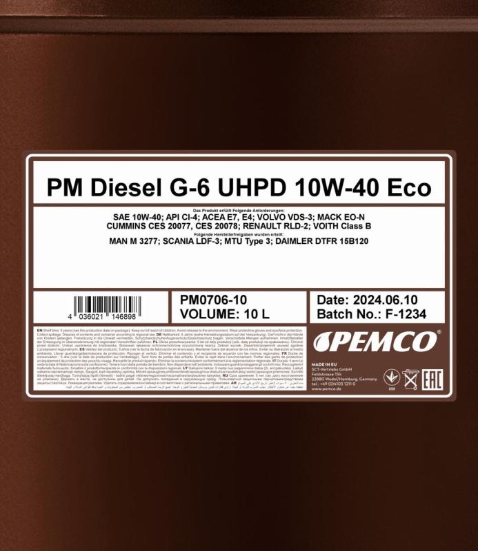 PEMCO DIESEL G-6 ECO UHPD 10W40 10 л. Синтетическое моторное масло 10W-40