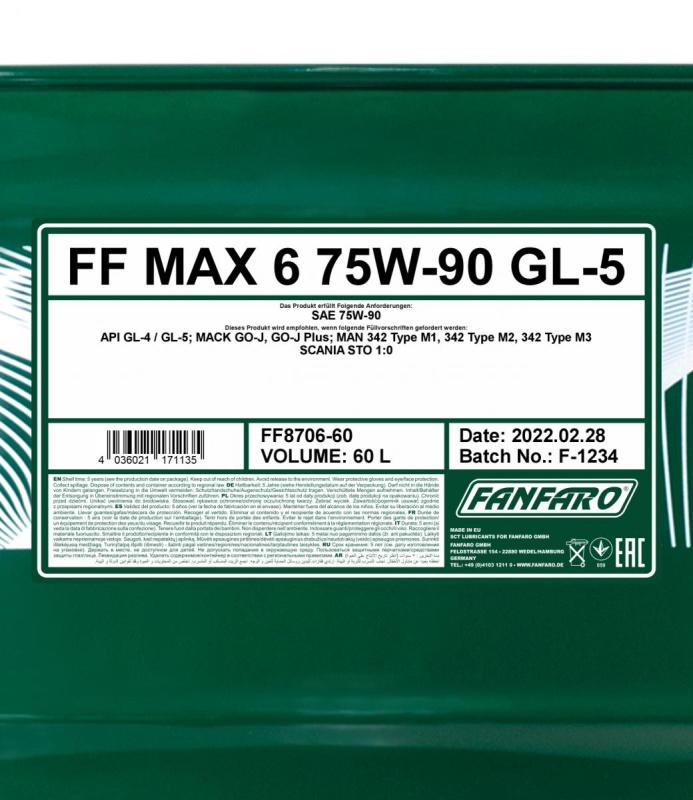 8706 FANFARO MAX 6 75W90 60 л. Синтетическое трансмиссионное масло 75W-90