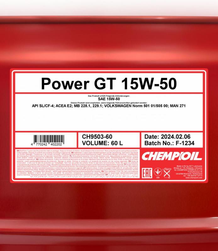 9503 CHEMPIOIL POWER GT 15W50 60 л. Полусинтетическое моторное масло 15W-50