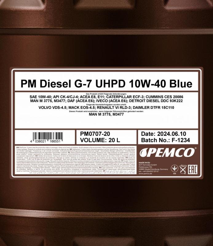 PEMCO DIESEL G-7 BLUE UHPD 10W40 20 л. Синтетическое моторное масло 10W-40