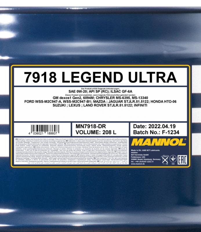 7918 MANNOL LEGEND ULTRA 0W20 208 л. Синтетическое моторное масло 0W-20