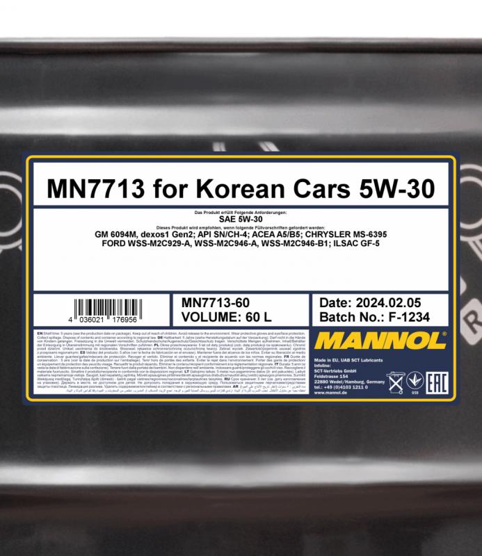 7713 MANNOL FOR KOREAN CARS A5/B5 5W30 60 л. Синтетическое моторное масло 5W-30