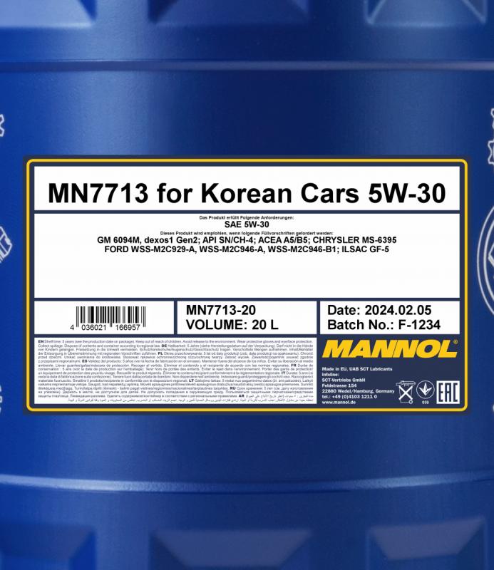 7713 MANNOL FOR KOREAN CARS A5/B5 5W30 20 л. Синтетическое моторное масло 5W-30