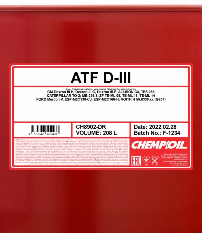 8902 CHEMPIOIL ATF D-III 208 л. Синтетическое масло для АКПП, ГУР 