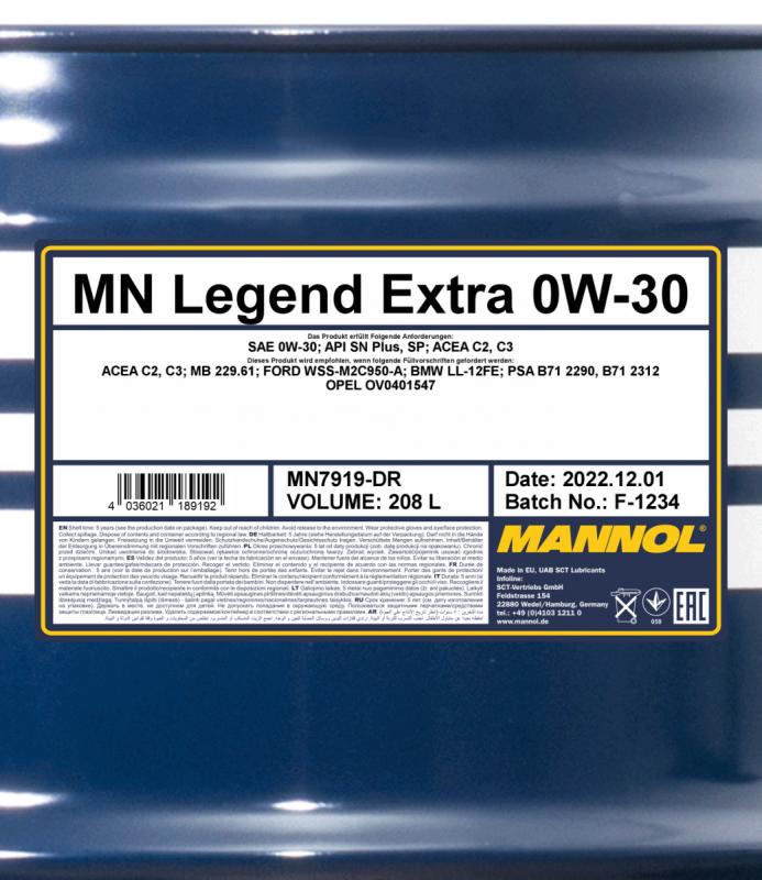 7919 MANNOL LEGEND EXTRA 0W30 208 л. Синтетическое моторное масло 0W-30